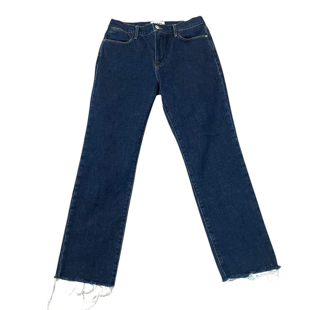 Frame Denim Le High Straight Jeans 27 Dark Wash Ankle Cutoff Frayed Hem